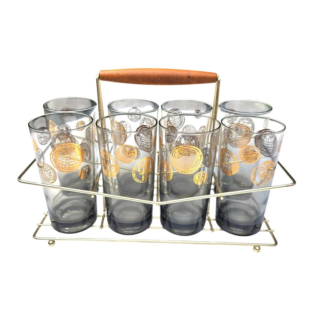 Vtg Highball Glasses Set 8 clear + Smoky Grey‎ Gold Roman Coin MCM Barware Caddy